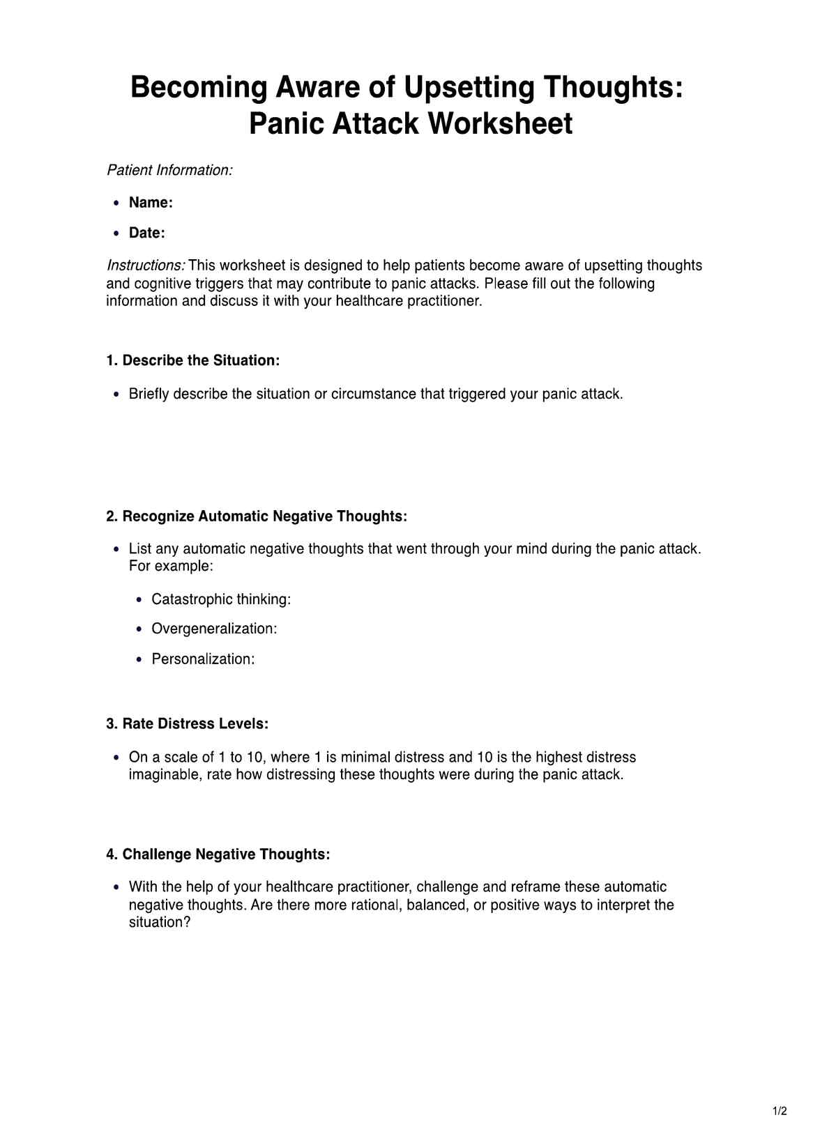 Becoming Aware of Upsetting Thoughts Panic Attack Worksheet PDF Example