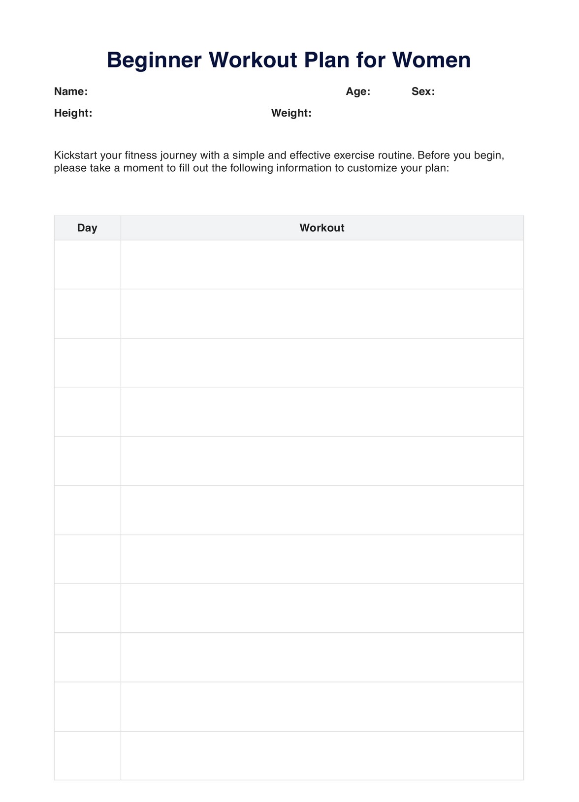 Beginner Workout Plan for Women PDF Example