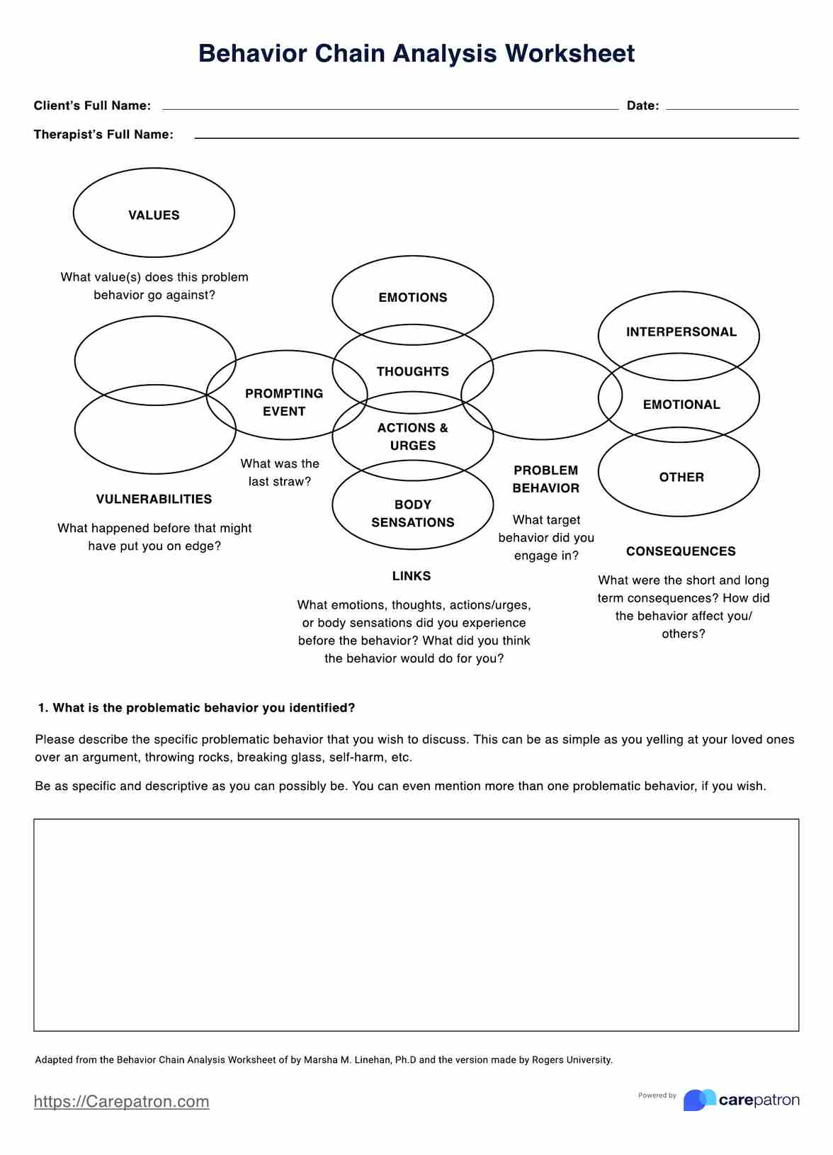 Behavior Chain Analysis Worksheet PDF Example