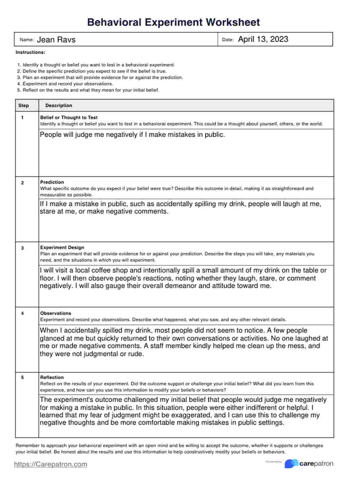 Behavioral Experiment Worksheet PDF Example