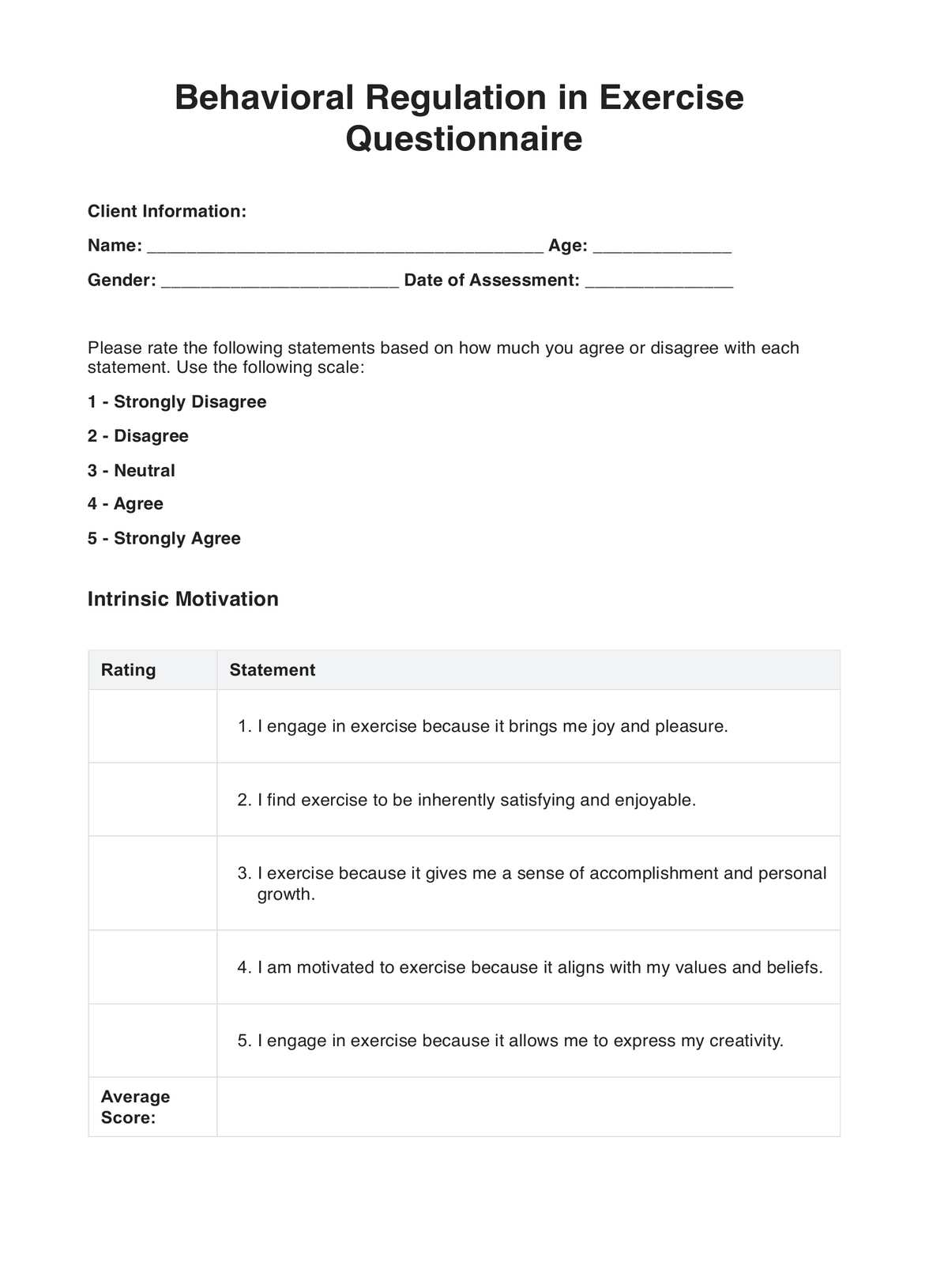 Behavioral Regulation In Exercise Questionnaire PDF Example