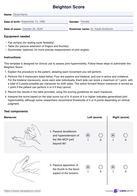 Beighton-Punktzahl PDF Example