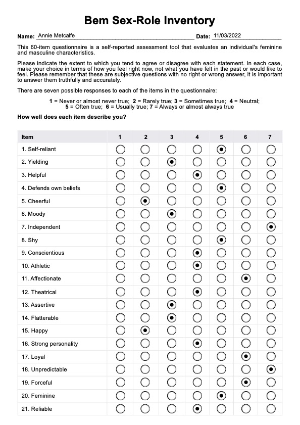 Bem Sex-Role Inventory (BSRI) PDF Example