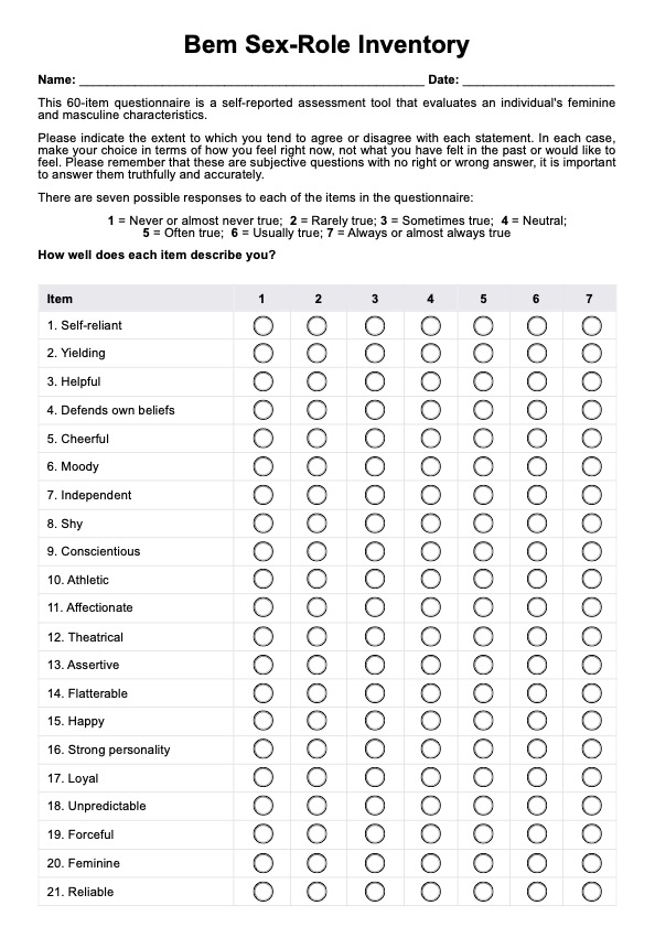 Bem Sex-Role Inventory (BSRI) PDF Example