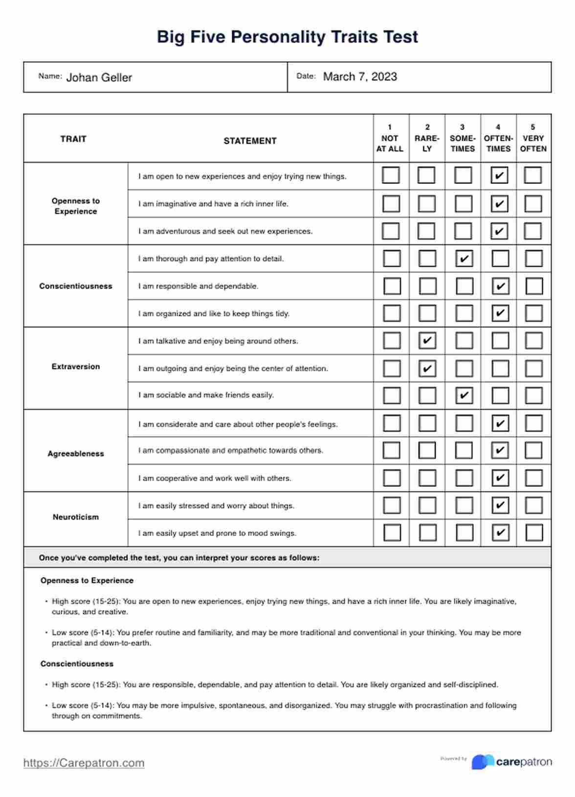 Big 5 Personality Test PDF Example