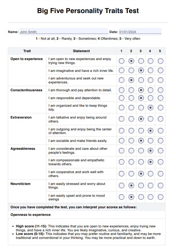 Test de personalidad cinco grandes PDF Example