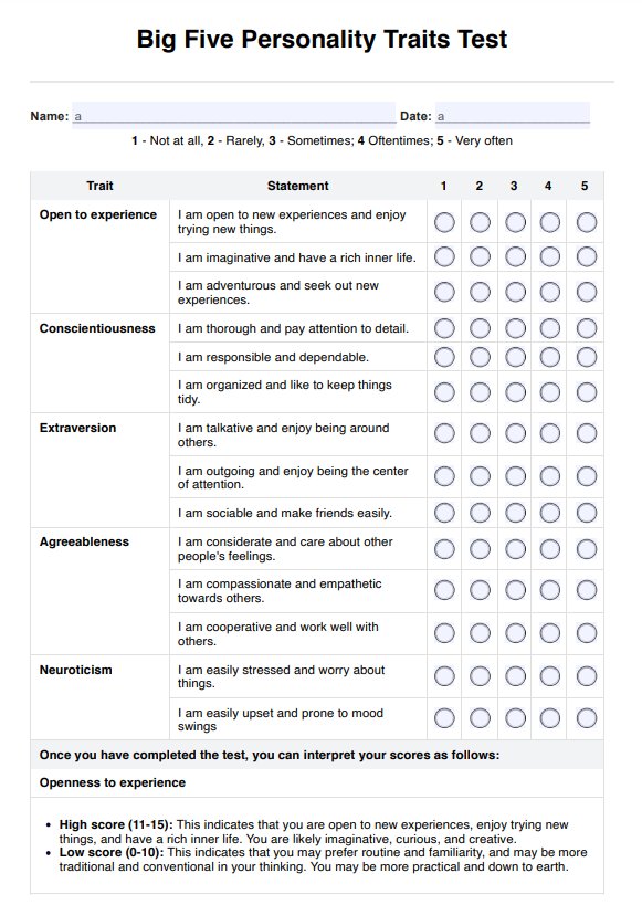 Big 5 Personality Test PDF Example