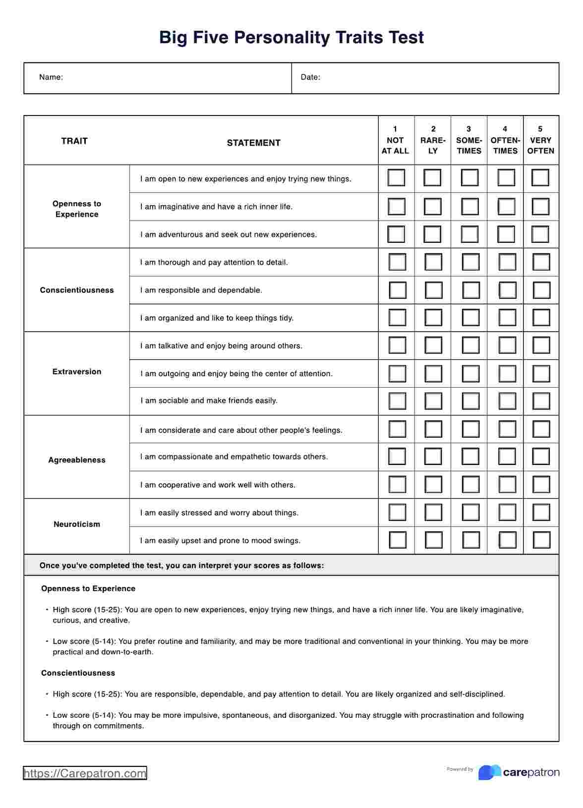 Big 5 Personality Test PDF Example