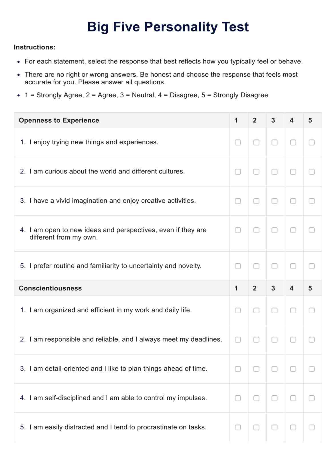 Big Five Personality Test PDF Example