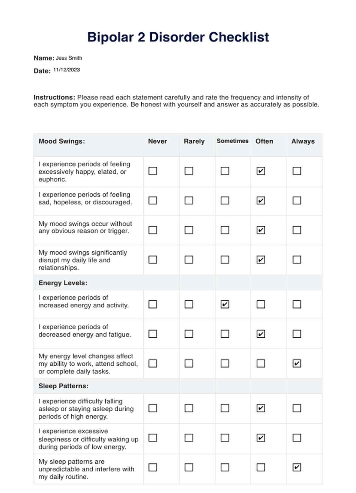 Bipolar 2 Checklist PDF Example