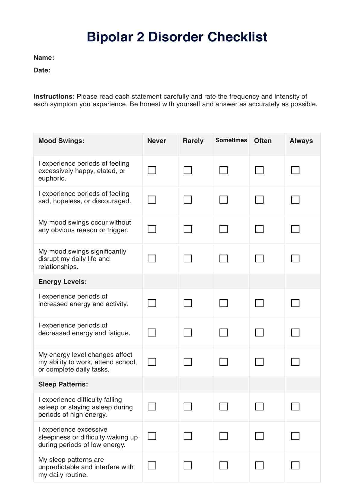 Bipolar 2 Checklist PDF Example