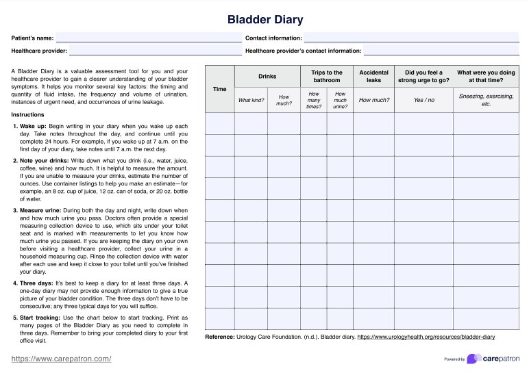 Bladder Diary Template PDF Example