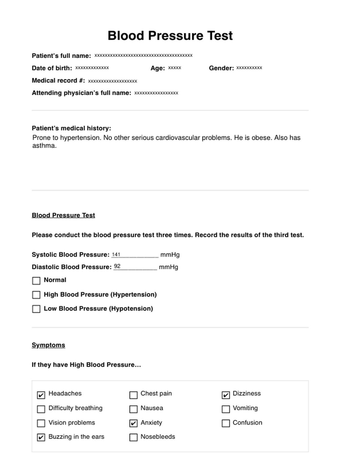 Blood Pressure Test PDF Example