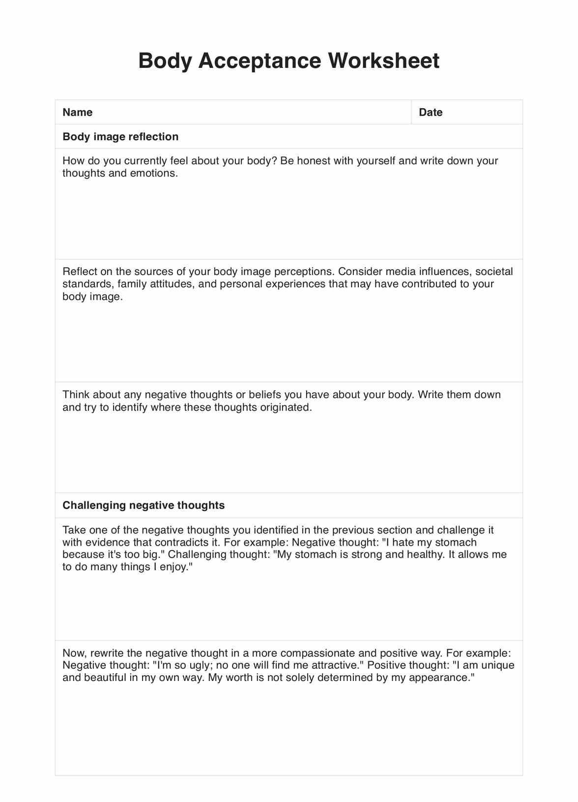 Body Acceptance Worksheets PDF Example