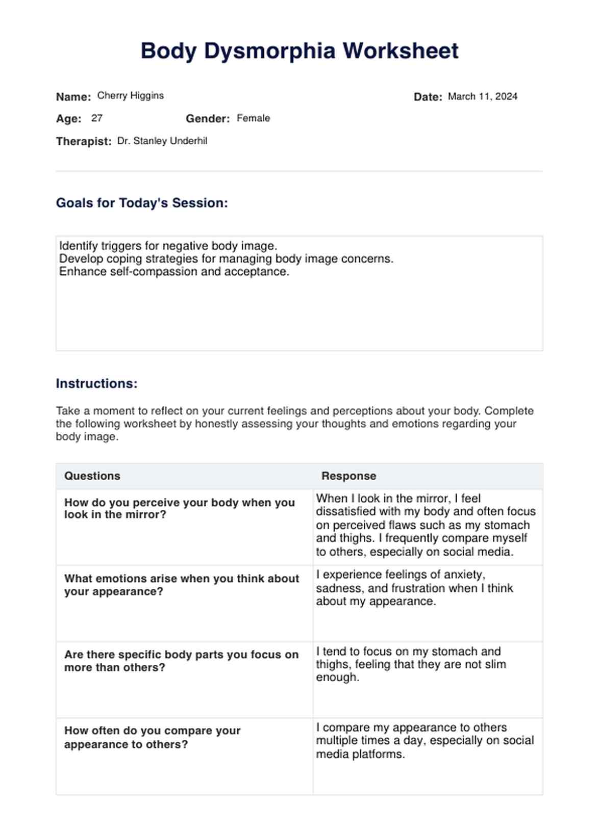 Body Dysmorphia Worksheet PDF Example