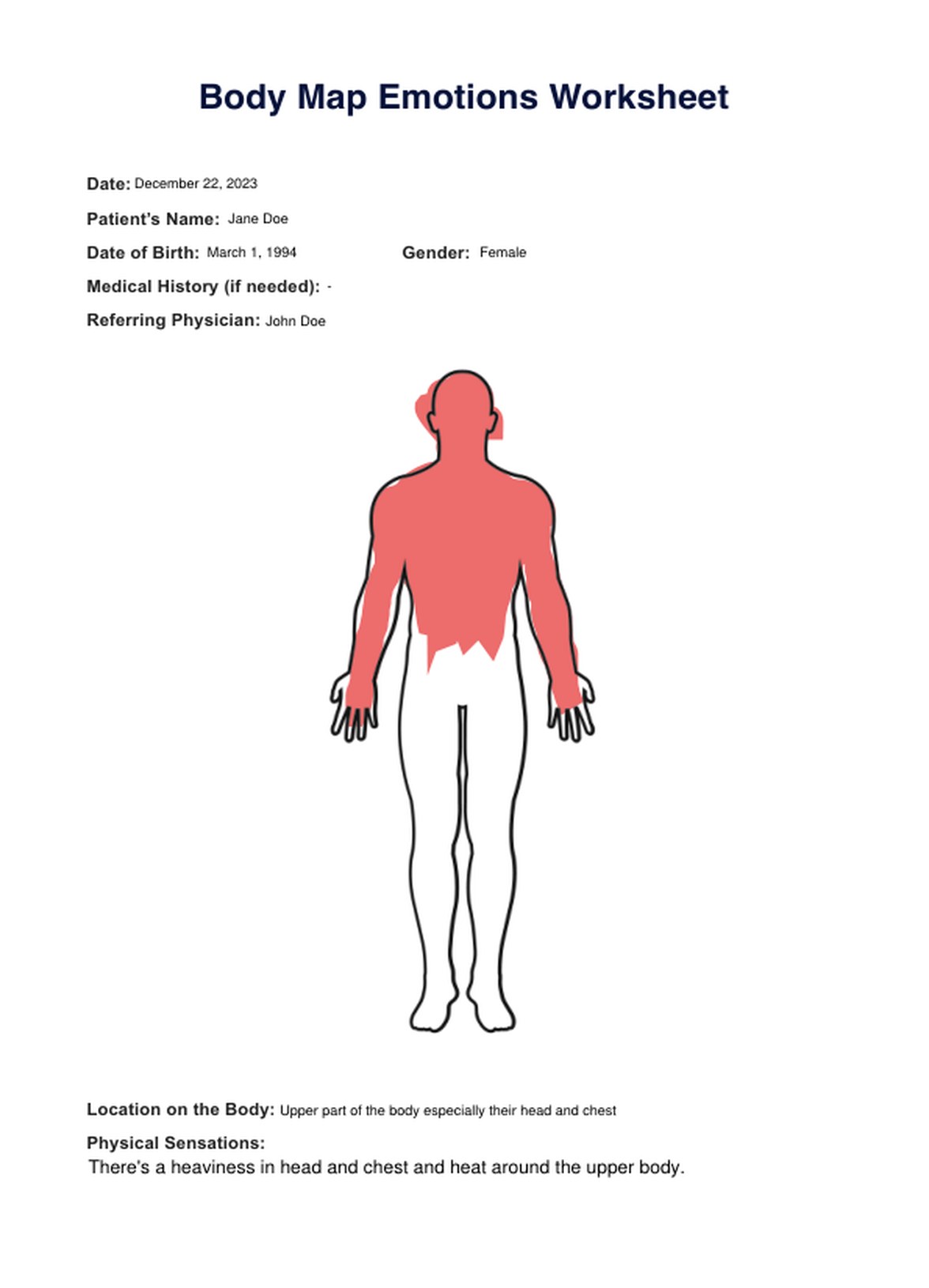 Body Map Emotions Worksheet PDF Example