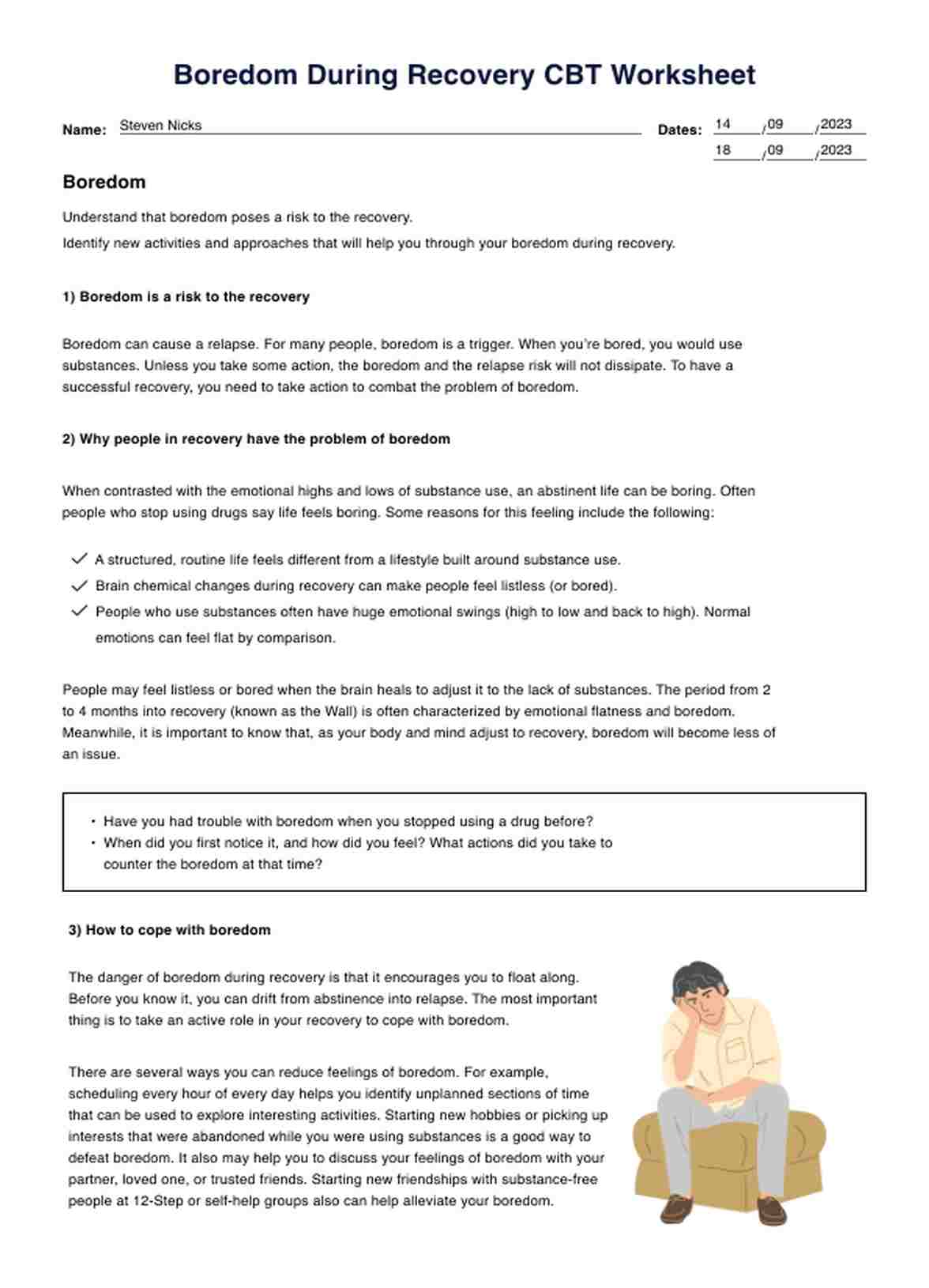 Boredom During Recovery CBT Worksheet PDF Example