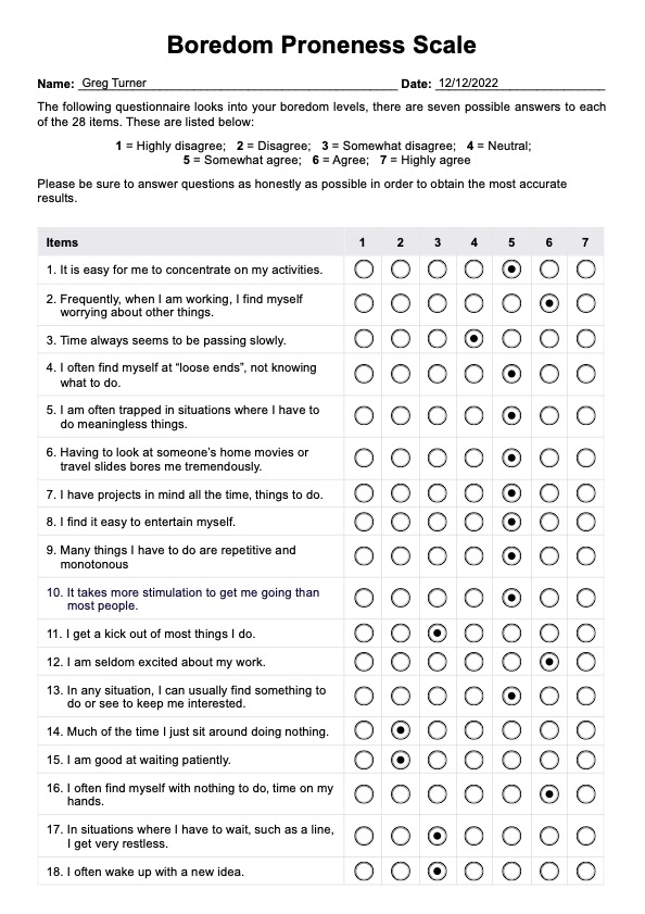 Boredom Proneness Scale PDF Example