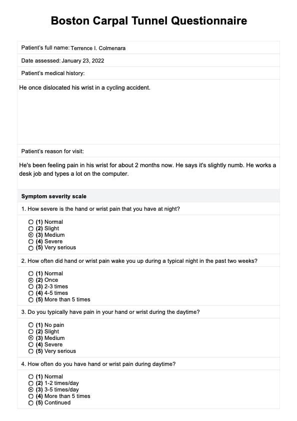 Boston Carpal Tunnel Questionnaire PDF Example