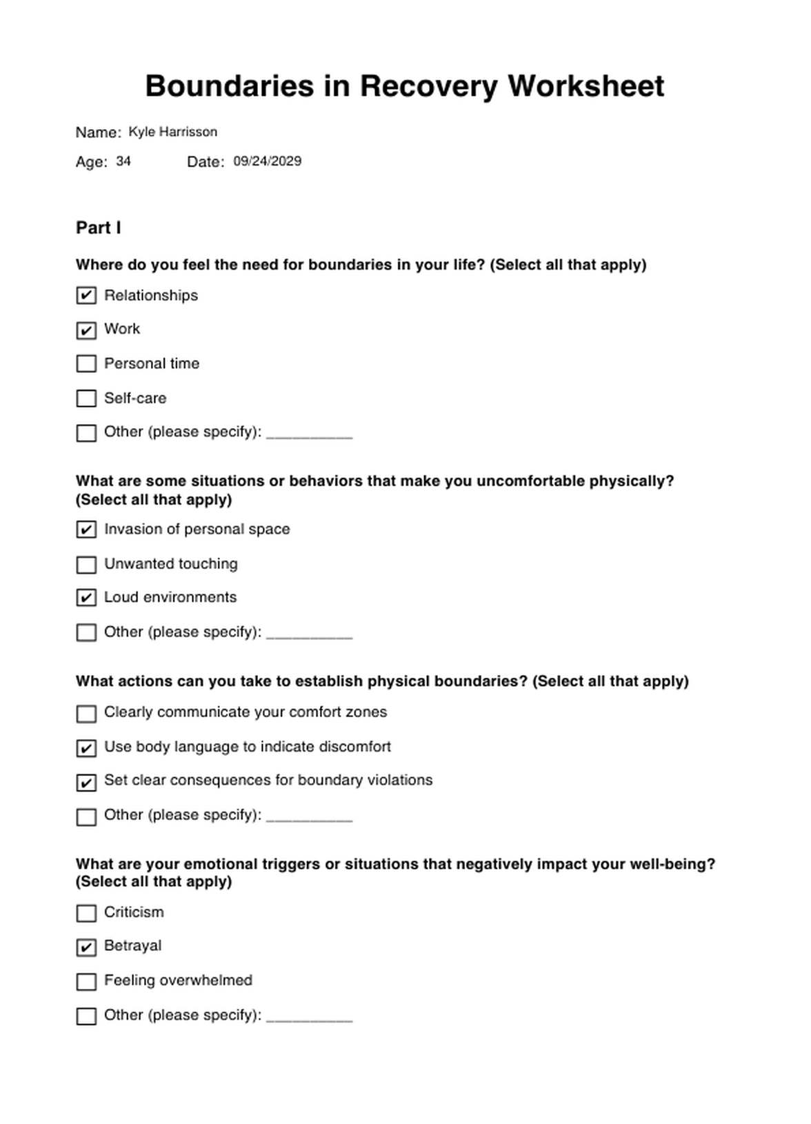 Boundaries in Recovery Worksheet PDF Example
