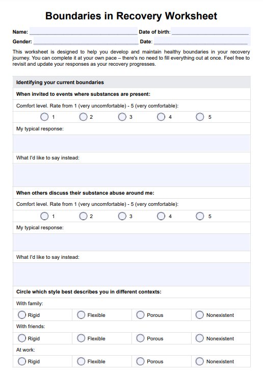 Boundaries in Recovery Worksheet PDF Example