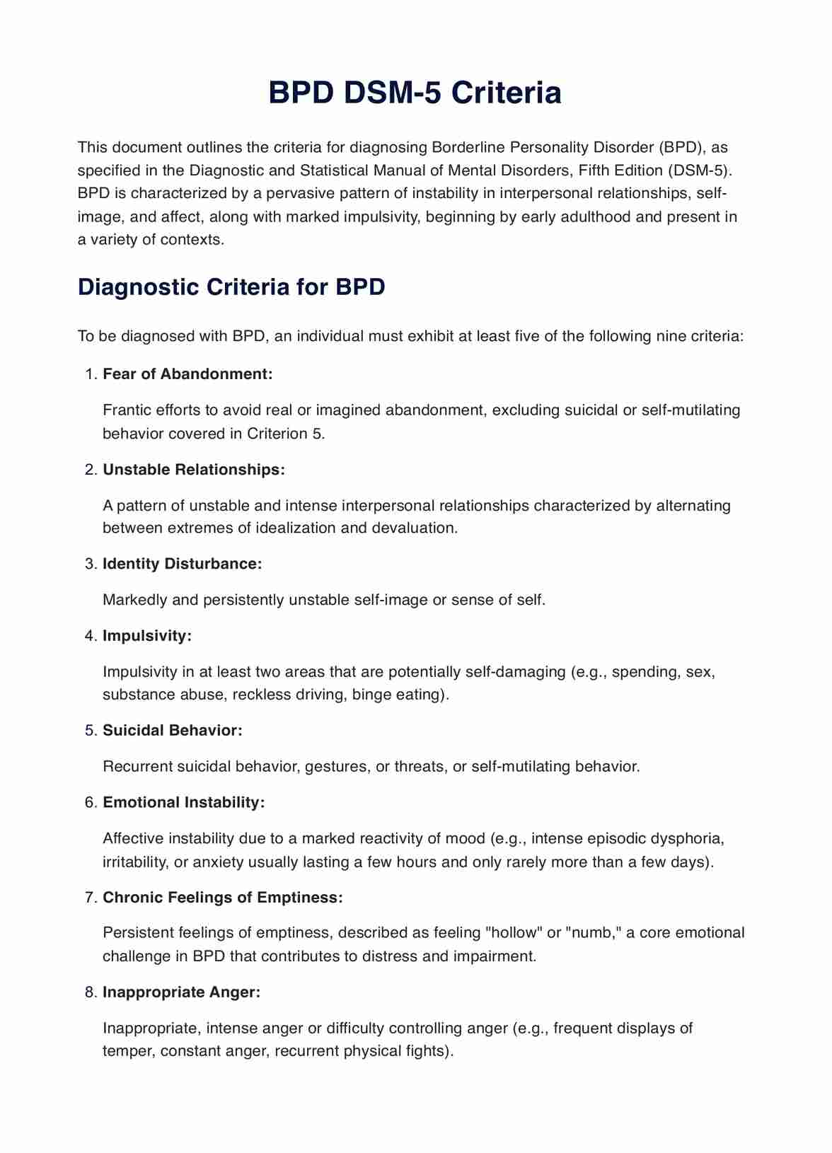 BPD DSM-5 Criteria PDF PDF Example