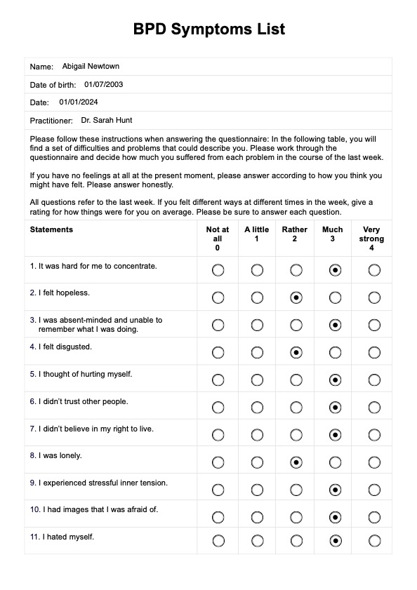 BPD Symptoms List PDF Example