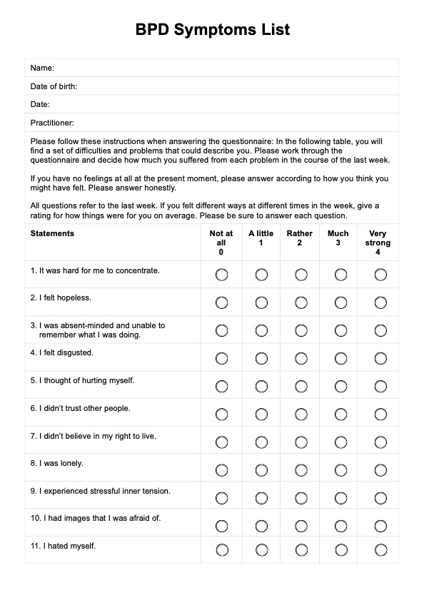 BPD Symptoms List PDF Example