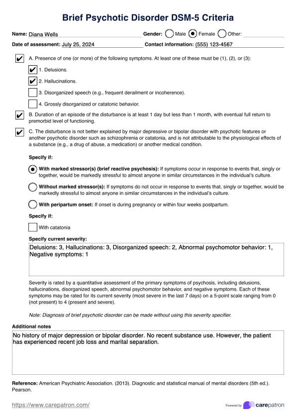 Brief Psychotic Disorder DSM-5 Criteria PDF Example