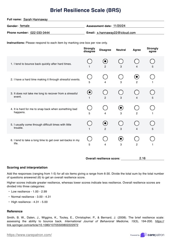 Brief Resilience Scale (BRS) PDF Example