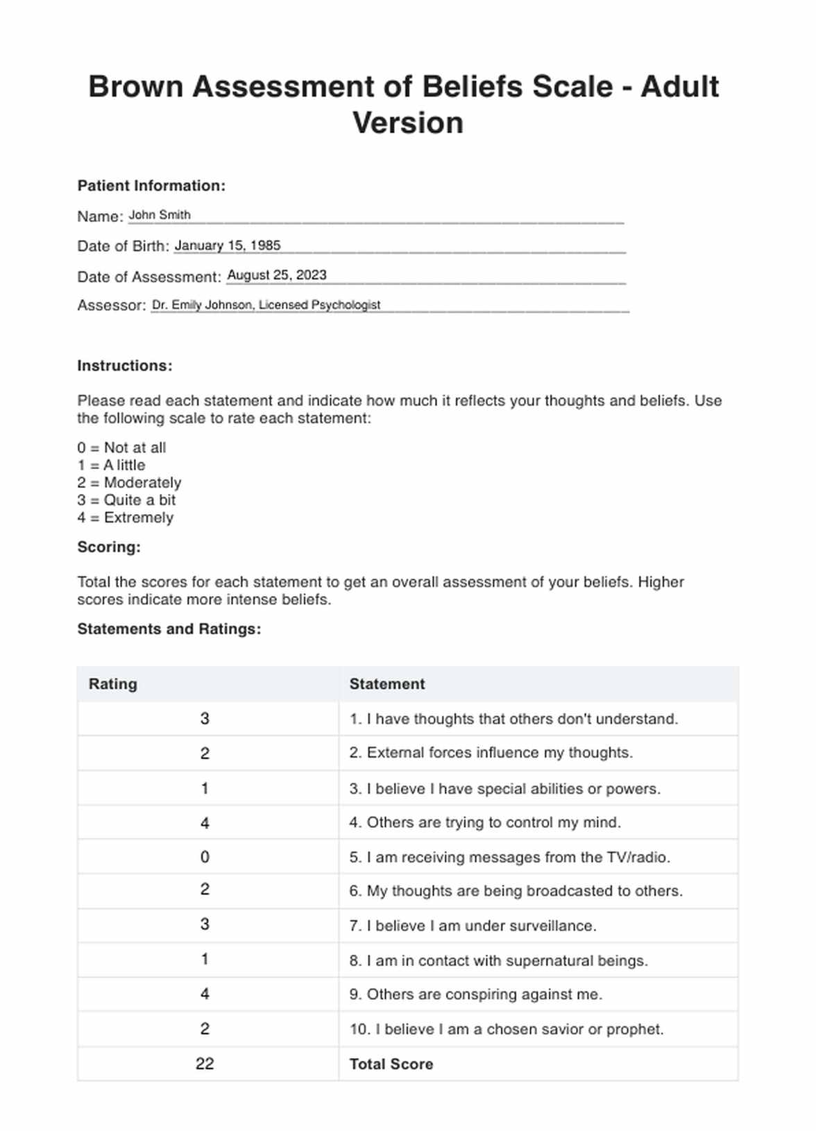Brown Assessment of Beliefs Scale - Adult Version PDF Example