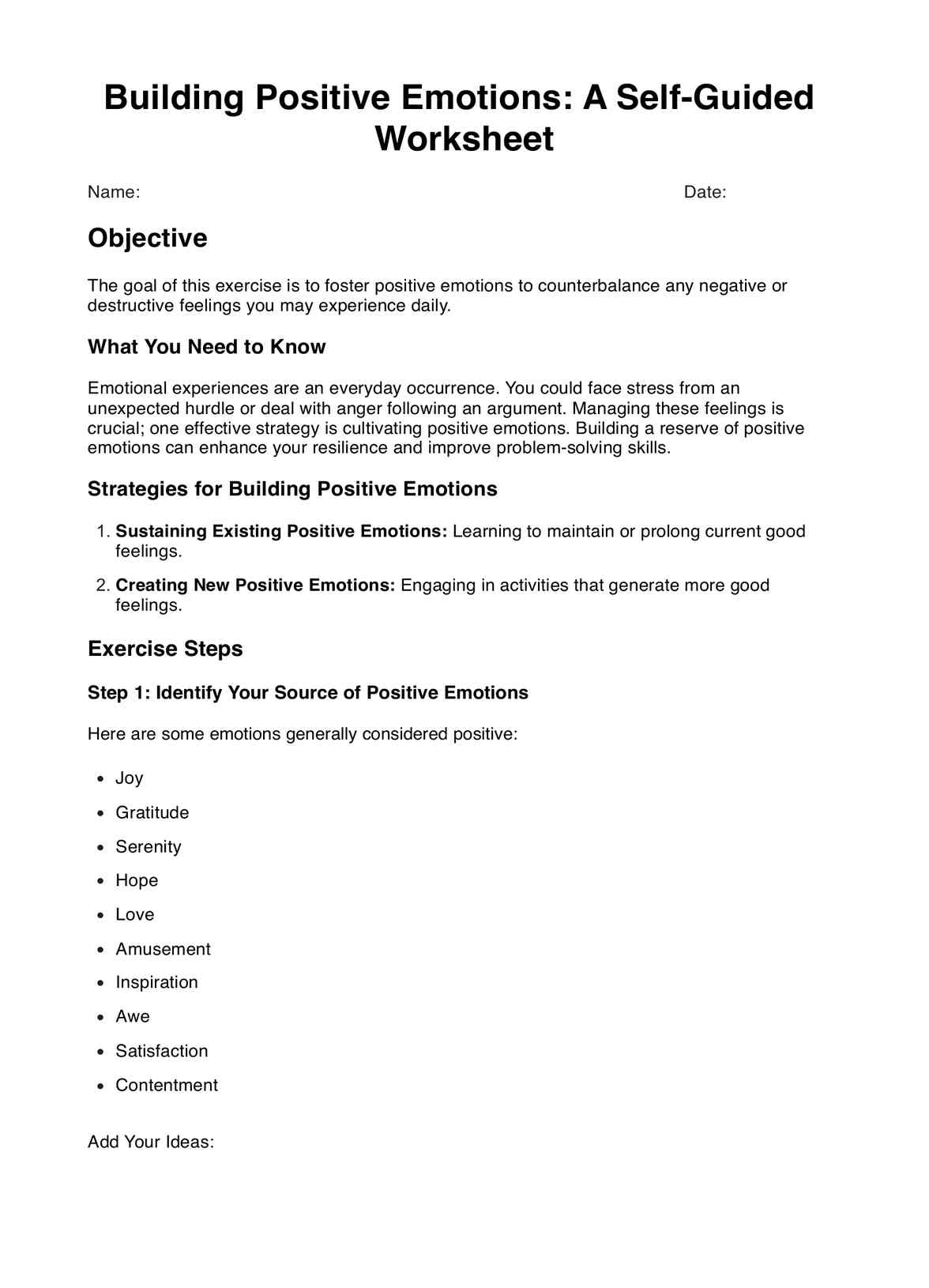 Building Positive Emotions DBT Worksheet PDF Example
