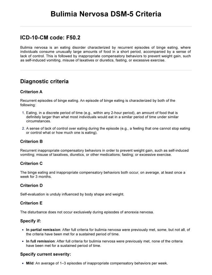 Bulimia Nervosa DSM-5 Criteria PDF Example