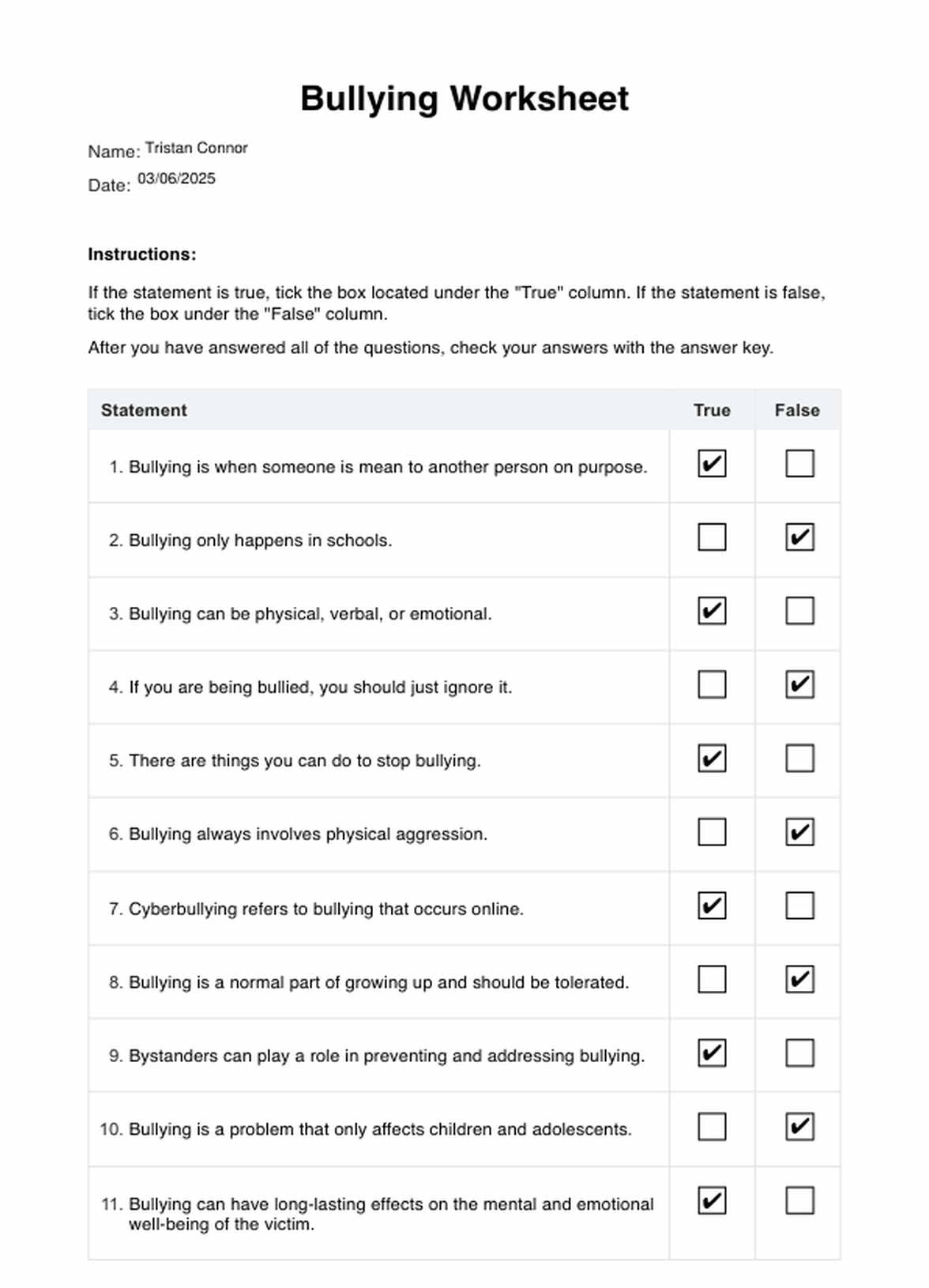 Bullying Worksheet PDF Example