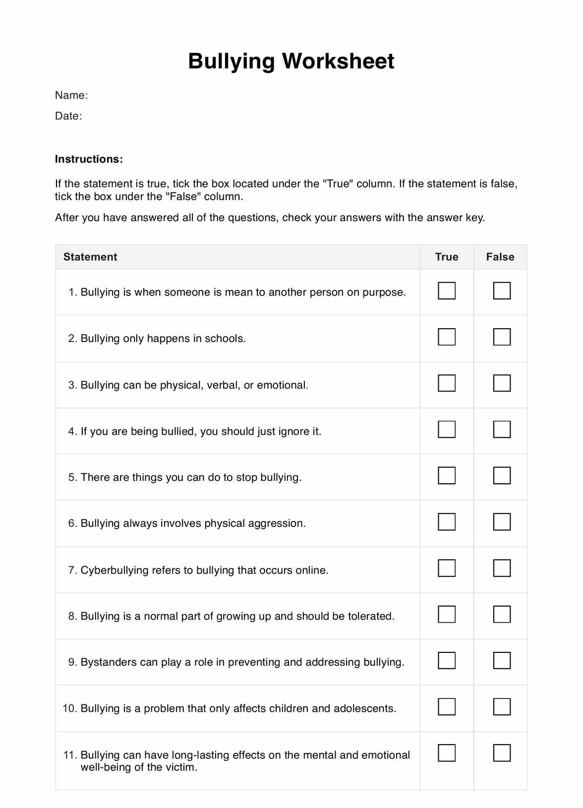 Bullying Worksheet PDF Example