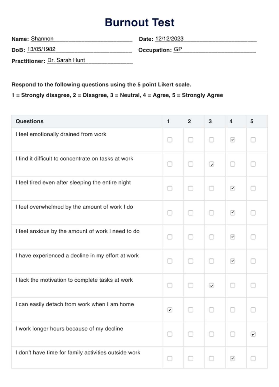 Burnout Test Template PDF Example