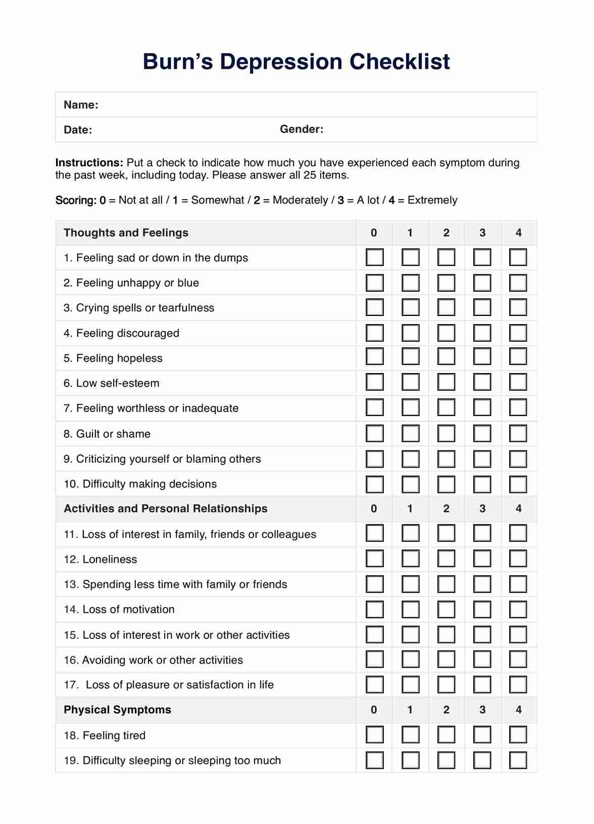 Burns Depression Checklist PDF Example