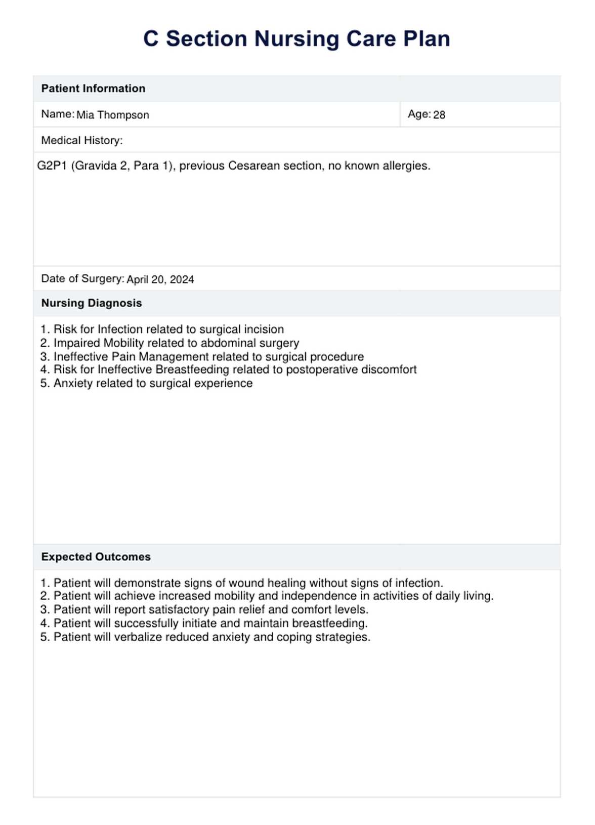 C Section Nursing Care Plan PDF Example