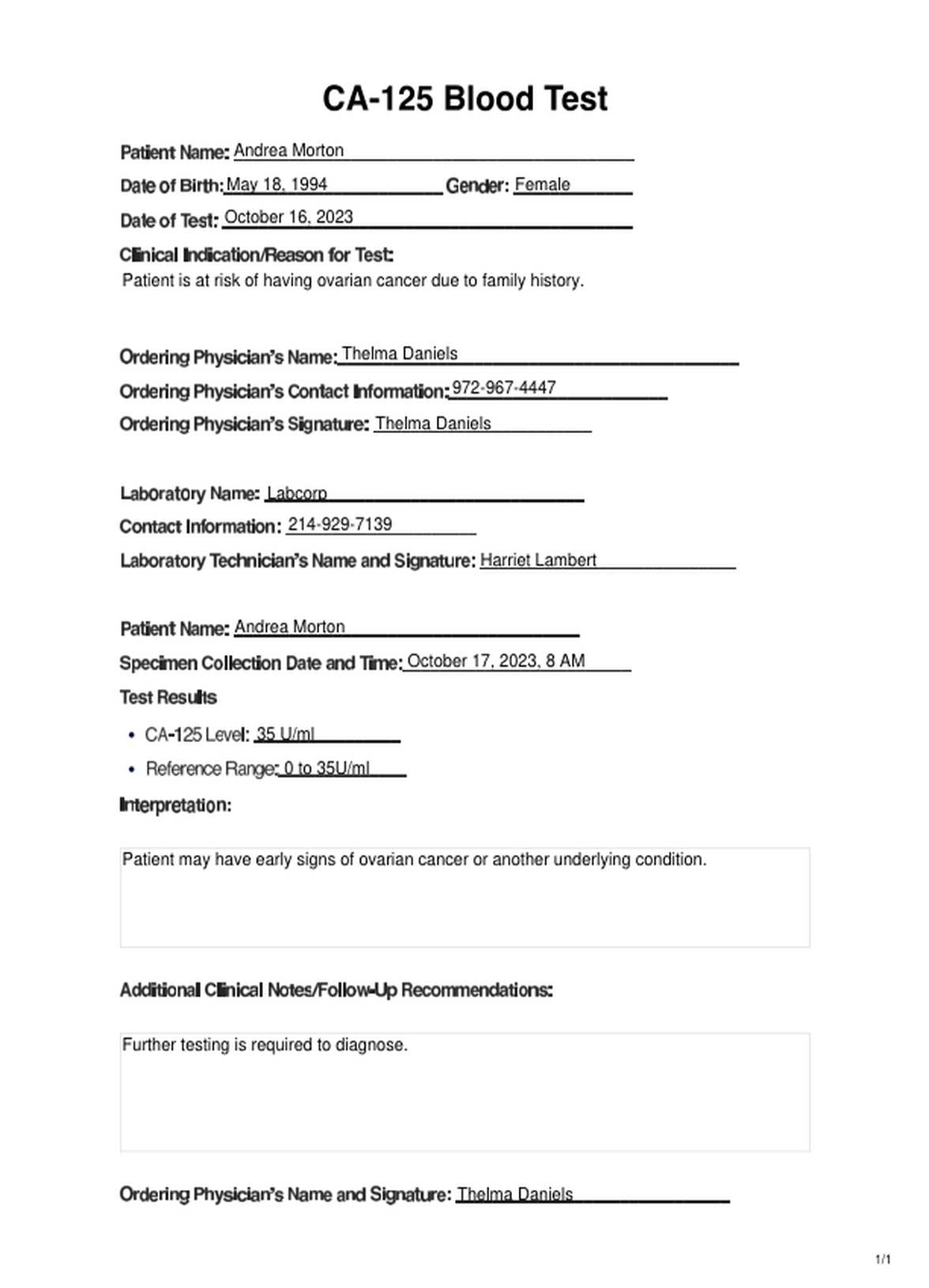 CA-125 Blood Test PDF Example