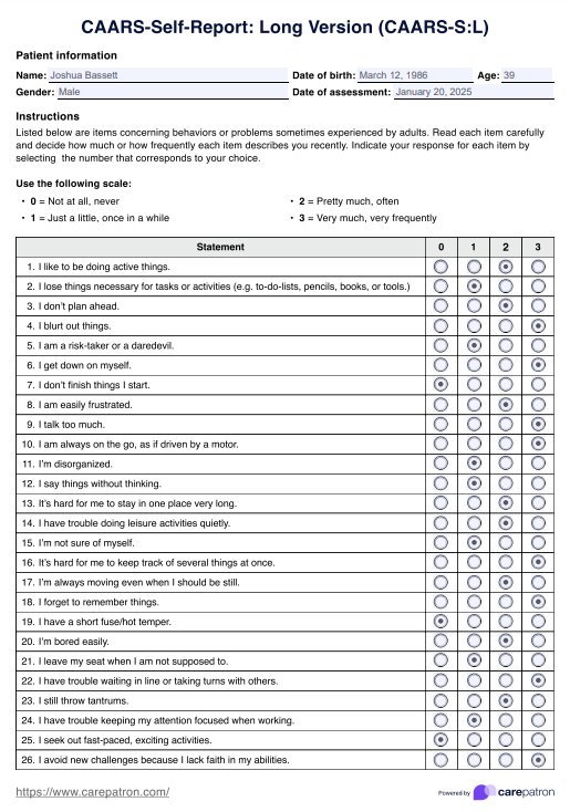 Reporte de CAARS versión larga (escala de evaluación del TDAH en adultos de conners ) PDF Example