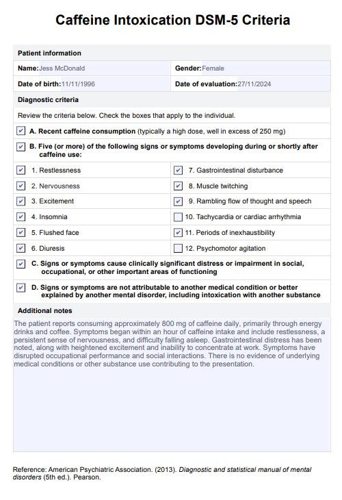 Caffeine Intoxication DSM-5 Criteria PDF Example