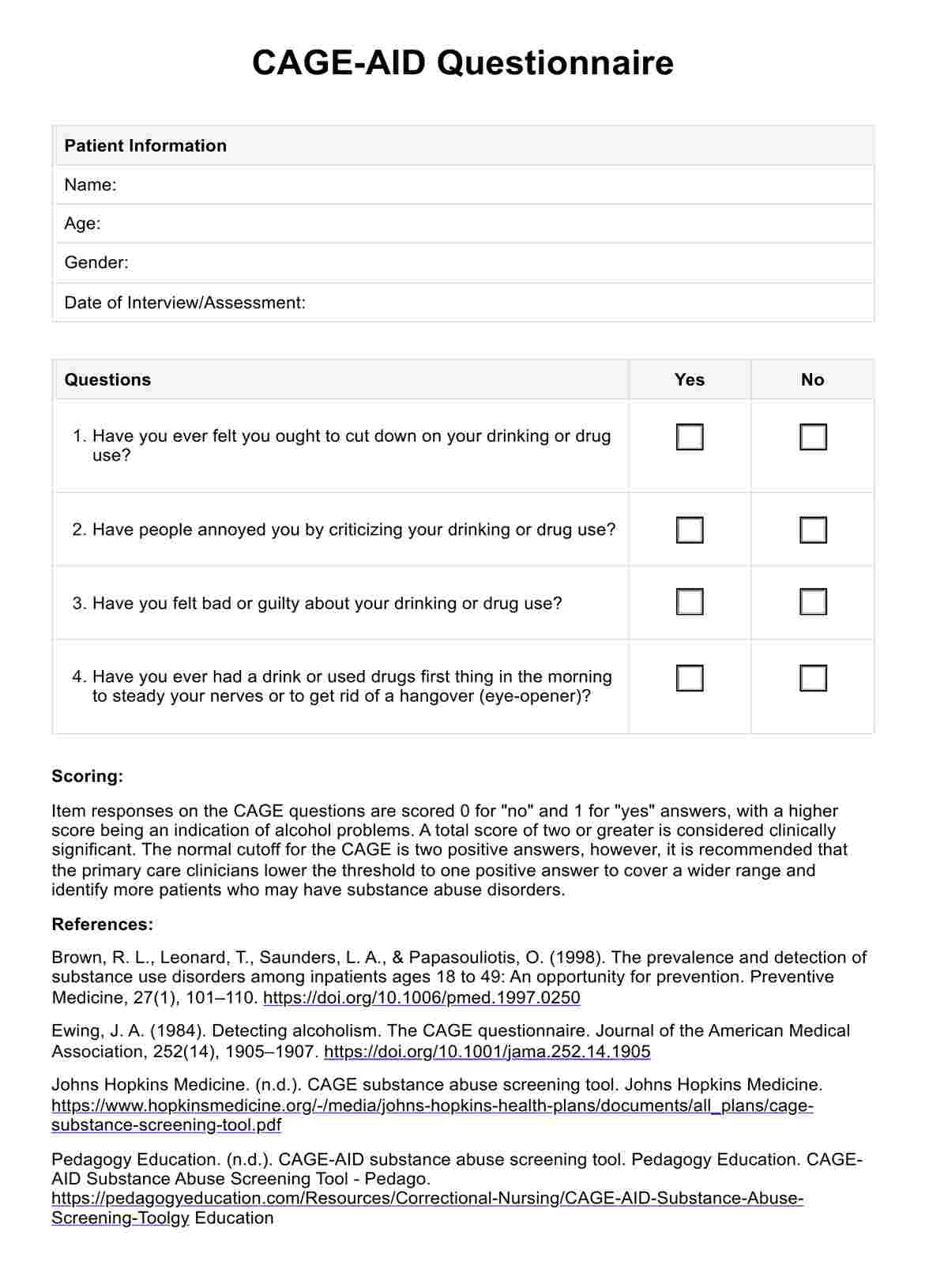 CAGE-AID Questionnaire PDF Example