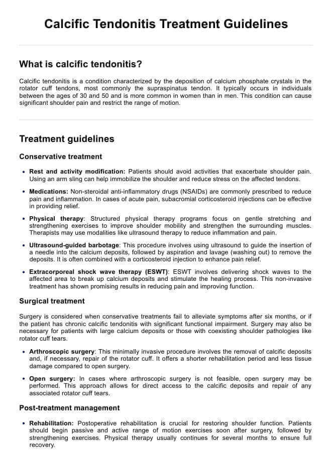 Calcific Tendonitis Treatment Guidelines Handout PDF Example