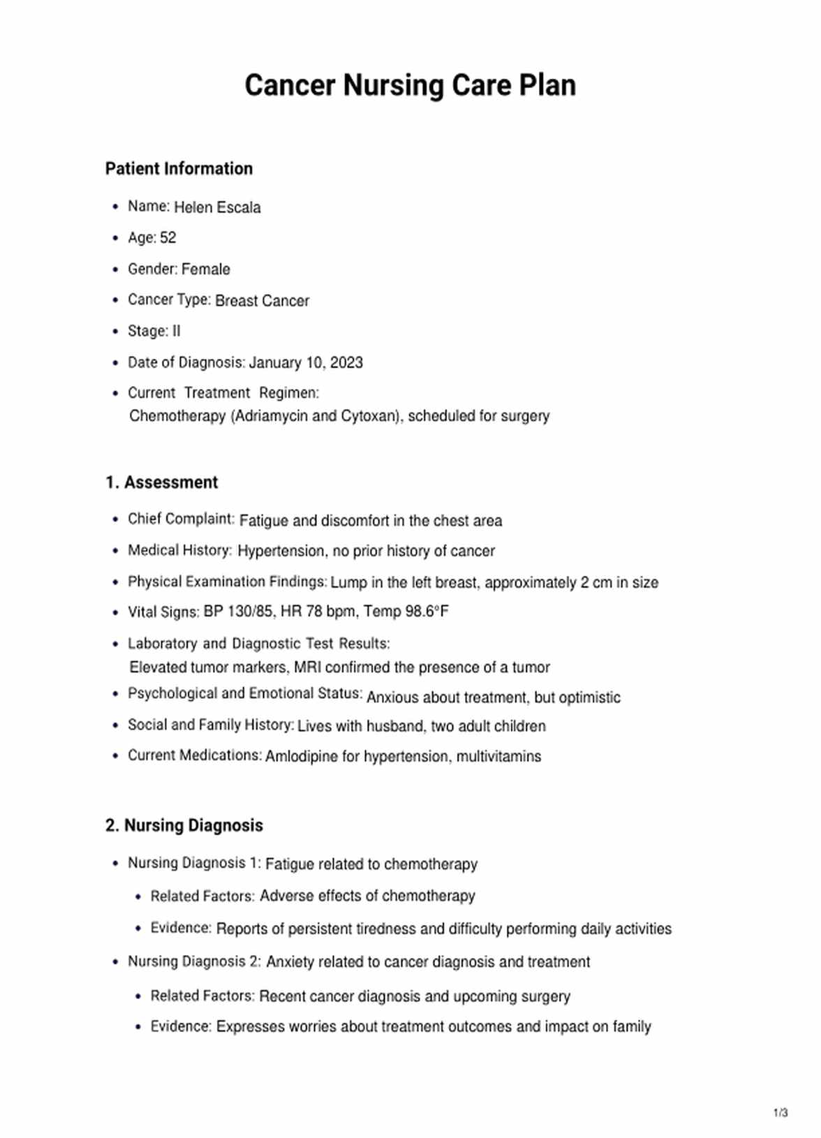 Cancer Nursing Care Plan PDF Example