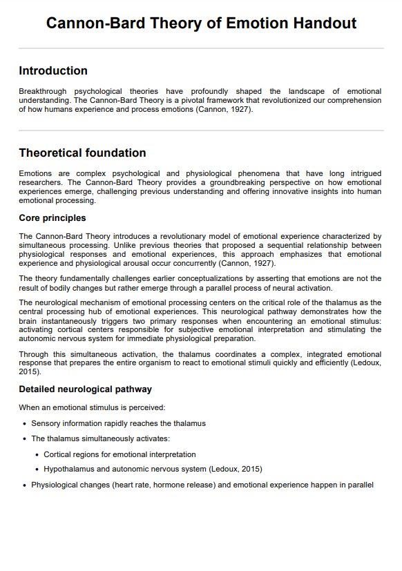 Cannon-Bard Theory of Emotion Handout PDF Example