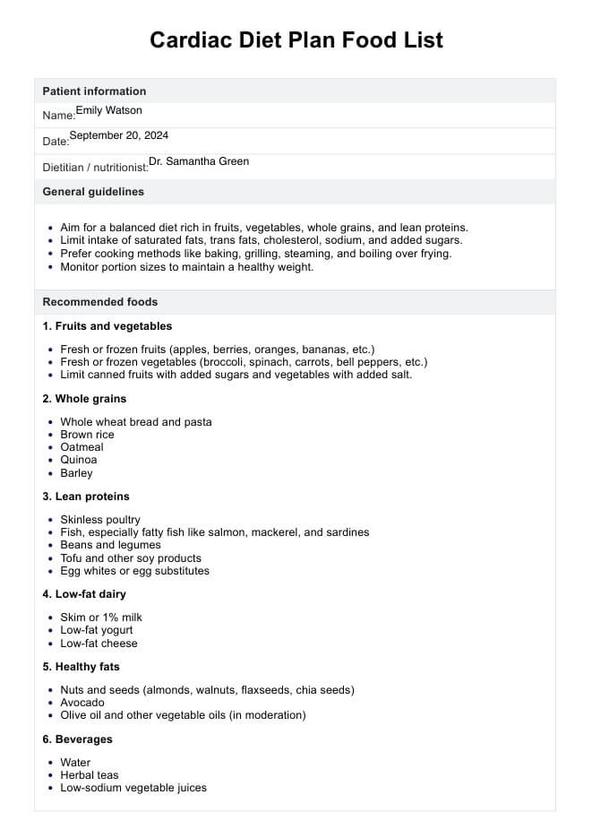 Lista de alimentos do plano de dieta cardíaca PDF Example