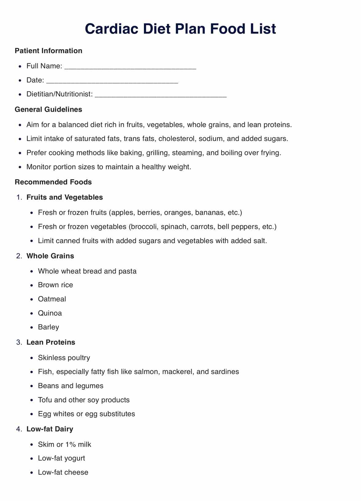 Cardiac Diet Plan Food List PDF Example