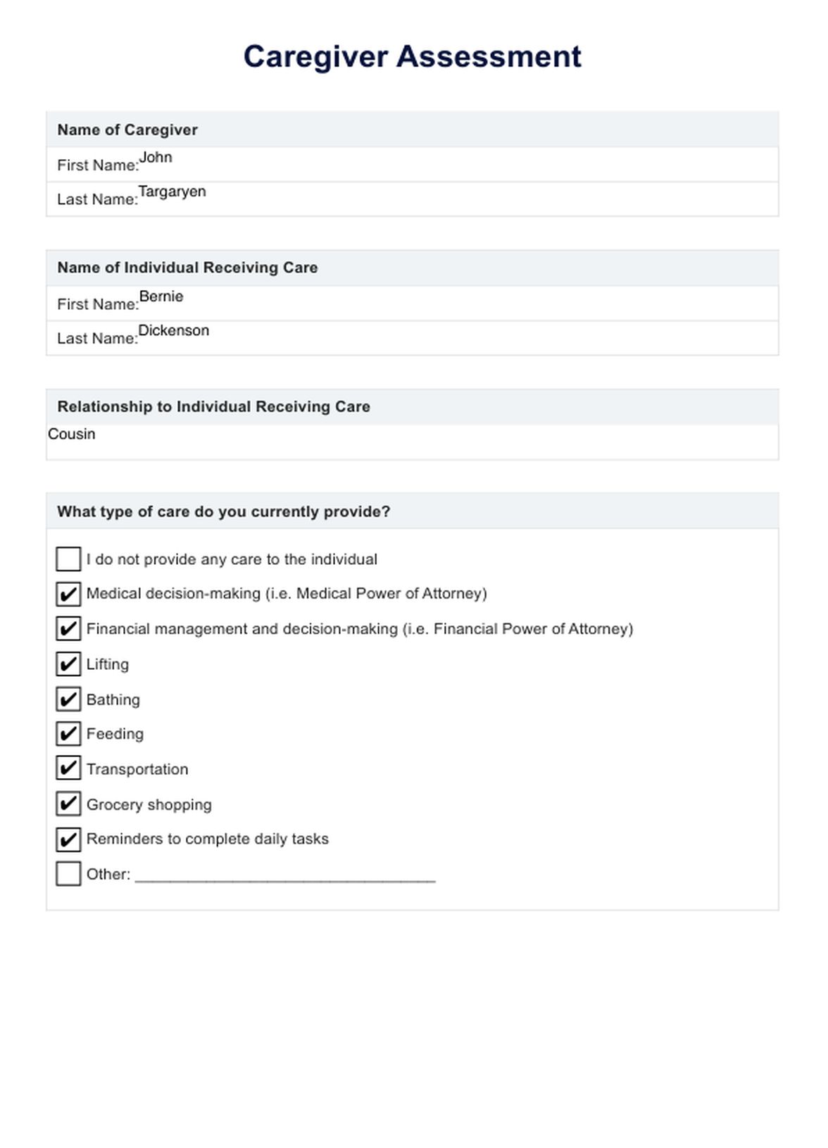 Caregiver Assessment PDF Example