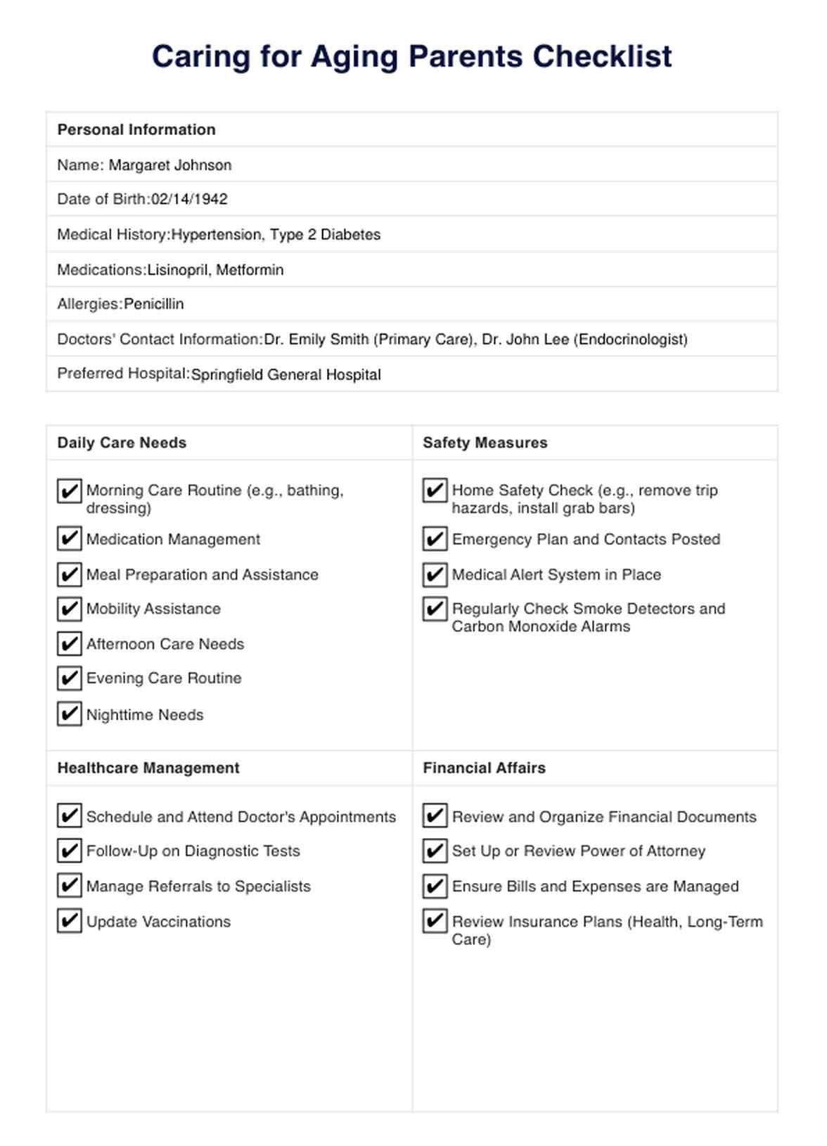 Caring For Aging Parents Checklist PDF Example