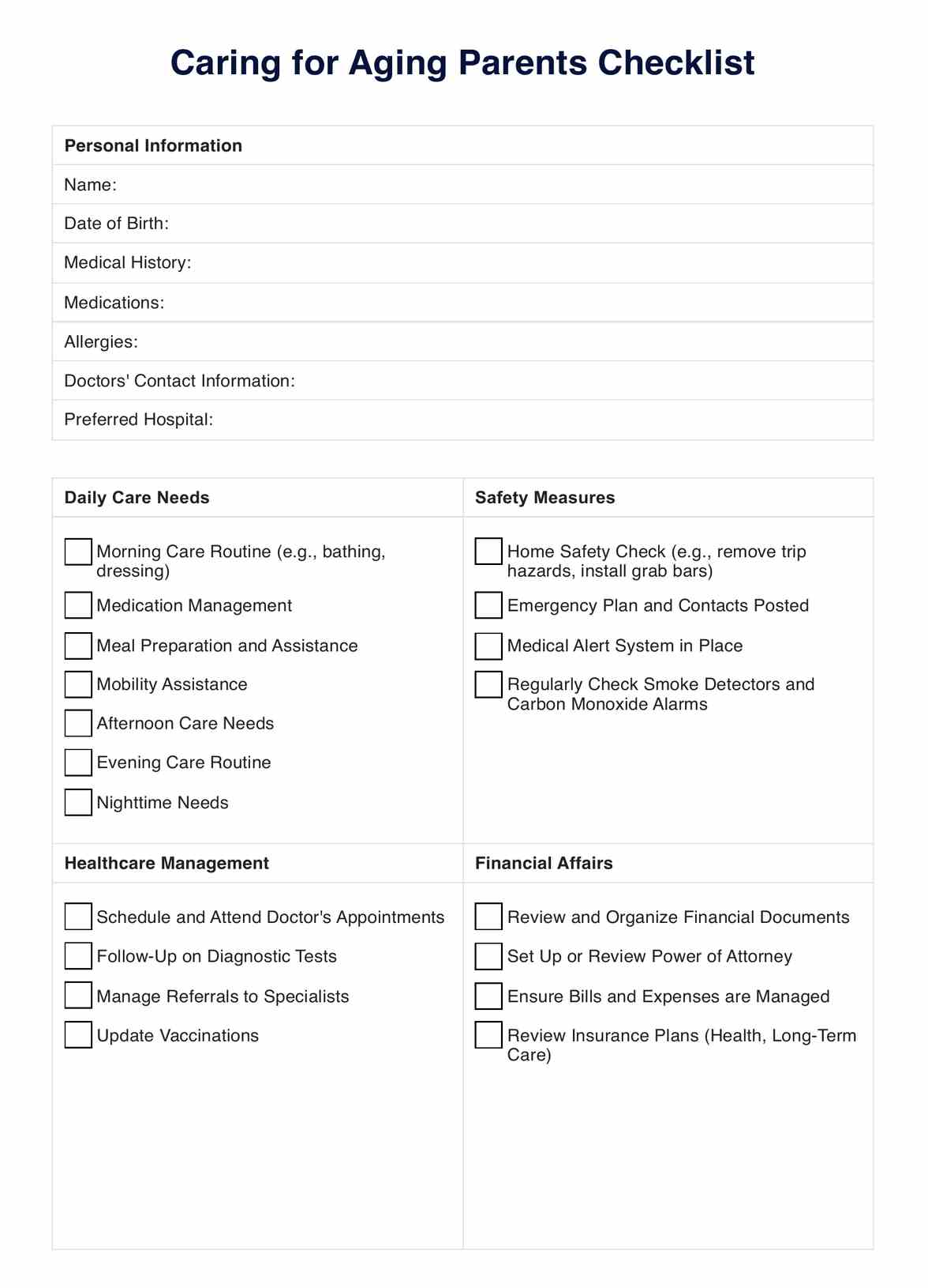 Caring For Aging Parents Checklist PDF Example